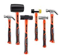 PINOZE 6-Piece Hammer Mallet Set with Fiberglass Handle Forge Steel Head, 620g Ball Pein Hammers | 1.2kg Rubber Mallet | 1.6kg Sledge | 670g & 370g Claw Hammer | 550g Double-Faced Mallet