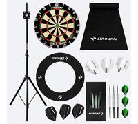 PINPOINT Freestanding Darts Bundle - Regulation Sisal Dartboard with Stand, Rubber Darts Mat, EVA Surround, Brass Darts & Moulded Flights - Indoor Home & Game Room Set (World Series)