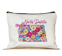PinPop56 Floral Coquette State North Dakota Makeup Bag - Retro Floral State Travel Zippered Makeup Bag Gift For Women - Friends - North Dakota Lovers On Birthday - Mothers Day - Holiday, White, 7”x9.8