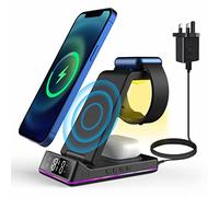 PINRUIGE Wireless Charger with Alarm Clock and Night Light, 5 in 1 Wireless Charging Station Wireless Charging Stand Compatible with i-Phone 15/14/13/12/11/XS/X/8 Series, iWatch Series, Air-pod Pro