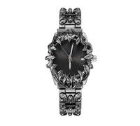 PINTIME Gothic Flame Style Mens Watch - Black Stainless Steel Engraved Bracelet Watch, Waterproof Quartz Analog Wristwatch with Date Display, Black