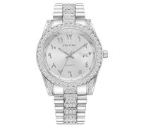 PINTIME Luxury Stainless Steel Wristwatch - Arabic Numerals Watch for Men with Iced - Out Diamond Bezel Dial Quartz Dress Watch, Silver