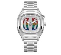 PINTIME Mens Retro Square Stainless Steel Wristwatch, Unique 3D Grid Dial Design, Fashion Quartz Watch with Silver Strap, Stylish for Casual & Formal Occasions, Colourful