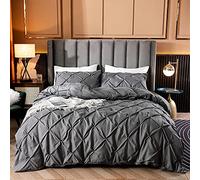 Pintuck Duvet Cover Set Pinch Pleated Quilt Comforter Cover 600TC Premium Quality Microfiber Wrinkle & Stain Resistant Bedding Set Ultra Soft Like Silk Satin Luxury Breathable (Charcoal, S 137x200cm)
