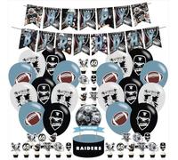 PINUO Las-Vegas Raiders Birthday Party Supplies - Banner, Cake Topper, 12 Cupcake Toppers, 18 Balloons - Black, Silver - Cartoon Theme