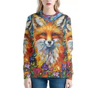 PinUp Angel Cute Animal Graphic Classic Pullover Soft Long Sleeve Art Oil Painting Patterned Sweatshirts for Women, Cute Fox, Medium