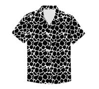 PinUp Angel Funky Hawaiian Shirt Men Short Sleeve Leopard Polka Dots Print Button Down Top Tee, Black White Giraffe, Large