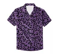 PinUp Angel Funky Hawaiian Shirt Men Short Sleeve Leopard Polka Dots Print Button Down Top Tee, Dark Purple Leopard, XXXL