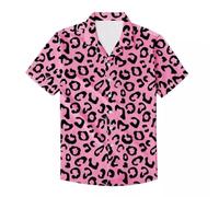 PinUp Angel Funky Hawaiian Shirt Men Short Sleeve Leopard Polka Dots Print Button Down Top Tee, Pink Leopard, Large