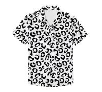 PinUp Angel Funky Hawaiian Shirt Men Short Sleeve Leopard Polka Dots Print Button Down Top Tee, White Leopard, Medium