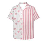 PinUp Angel Hawaiian Shirt for Men Short Sleeves Stripes Button Down Summer Beach Funky Color Block Holiday Dress Shirt, Pink Flamingo White, XL