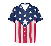 PinUp Angel Hawaiian Shirts for Men Short Sleeve Striped Shirt Button Down Beach Shirts Funky Color Block Shirt for Travel, Usa Flag, Medium