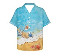 PinUp Angel Hawaiian Shirts for Men Short Sleeve Striped Shirt Button Down Beach Shirts Funky Color Block Shirt for Travel, Cute Seashell Blue Sea Beach, Large