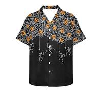 PinUp Angel Hawaiian Shirts for Men Short Sleeve Striped Shirt Button Down Beach Shirts Funky Color Block Shirt for Travel, White Skull Halloween Pumpkin Black, 3XL