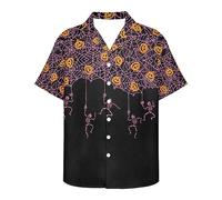 PinUp Angel Hawaiian Shirts for Men Short Sleeve Striped Shirt Button Down Beach Shirts Funky Color Block Shirt for Travel, Pink Skeleton Spider Web Pumpkin Black, XL