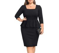 Pinup Fashion Office Dresses for Woman for Work Plus Size - Business Church Square Neck Peplum Knee Length Dress, Black 3/4 Sleeve, 20 Plus