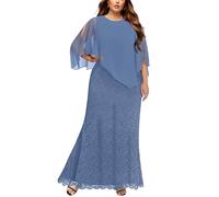 Pinup Fashion Plus Formal Evening Gown Chiffon Cape Lace Mermaid Long Dress | Chiffon overlay cape, floral lace, mermaid, round neck, maxi long, evening, formal, wedding guest, mother of bride