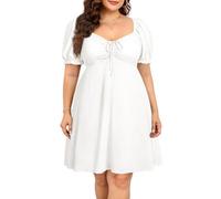 Pinup Fashion Plus Size Casual Eyelet Puff Sleeve Short Summer Sundress A Line Babydoll Cute Mini Dress, White, 22 Plus