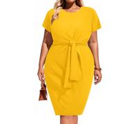 Pinup Fashion Plus Size Dresses for Women Wedding Guest Short Sleeve Tie Front Waist Belted Pencil Work Knee Dress, Yellow, 26 Plus