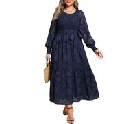 Pinup Fashion Plus Size Fall Dress - 2025 Wedding Guest Long Sleeve Floral Lace Long Dress with Belt, Navy Blue, 26 Plus