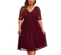 Pinup Fashion Plus Size Lace Chiffon Wrap V Neck Dresses Women Cocktail Wedding Guest Midi Dress, Burgundy, 22 Plus