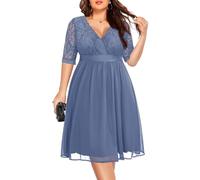 Pinup Fashion Plus Size Lace Chiffon Wrap V Neck Dresses Women Cocktail Wedding Guest Midi Dress, Haze Blue, 22 Plus