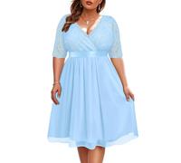 Pinup Fashion Plus Size Lace Chiffon Wrap V Neck Dresses Women Cocktail Wedding Guest Midi Dress, Light Blue, XX-Large