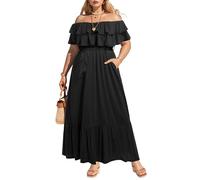 Pinup Fashion Plus Size Off The Shoulder Maxi Long Casual Layered Ruffle Beach Sundress Women Pocket 2024, Black, 22 Plus