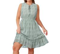 Pinup Fashion Plus Size Summer Tie Crewneck Short Dresses Sleeveless Boho Casual Chiffon Ruffle Flowy Sundress, Light Green Floral, 18 Plus, Modern/Fitted