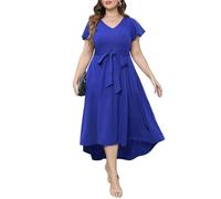 Pinup Fashion Plus Size Wedding Guest Dress Formal - Flutter Sleeve Cocktail Party High Low Dresses with Pockets, Royal Blue, 26 Plus