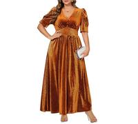 Pinup Fashion Velvet Wedding Guest Dress - Fall Formal Holiday V Neck Empire Waist Long Dresses, Plus Size-brown, 28 Plus