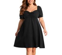 Pinup Fashion Women Plus Size Casual Puff Sleeve Smocked Short Summer Sundress A Line Babydoll Cute Mini Dresses, Black, 24 Plus