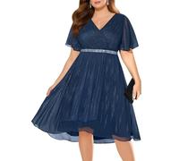 Pinup Fashion Women Plus Size Cocktail Dress - Formal Wedding Guest High Low Pleated Wrap V Neck Dresses 2025, Navy Blue, 18 Plus