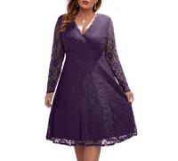 Pinup Fashion Women Plus Size Floral Lace V Neck Long Sleeve Knee Length Wedding Guest Cocktail Dress, Purple, 20 Plus