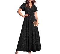 Pinup Fashion Women Plus Size Formal Dresses - Evening Gowns Wedding Guest Glitter Prom Long Dress, Black, 28 Plus
