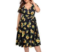 Pinup Fashion Women‘s Plus Size Faux Wrap V Neck Midi Wedding Guest Party Casual Dresses, Sunflower, 26 Plus
