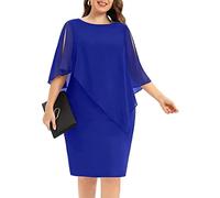 Pinup Fashion Women's Plus Size Cape Dress Chiffon Overlay Beaded Shoulder Bodycon Cocktail Dress, Royal Blue, 22 Plus