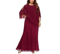 Pinup Fashion Women's Plus Size Cape Dress with Chiffon Overlay Gown Formal Evening Lace Long Mermaid Dresses 2024, Burgundy, 26 Plus