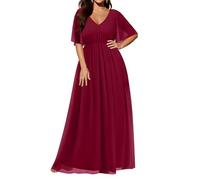 Pinup Fashion Women's Plus Size Chiffon Double V-Neck Empire Waist Ball Gowns for Evening Party Formal Maxi Dress, Burgundy, 22 Plus