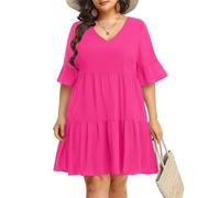 Pinup Fashion Women's Plus Size Fall Tunic Dress Long Sleeve V Neck Casual Shift Babydoll Loose Flowy Swing Ruffle Dresses, Hot Pink( Short Sleeve), 26 Plus
