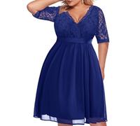 Pinup Fashion Women's Plus Size Lace Top Wrap V Neck Half Sleeves Cocktail Party Dress, Blue, 18 Plus