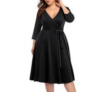 Pinup Fashion Women's Plus Size Wrap Dress Floral Lace V Neck Midi Dress Cocktail Party Wedding Swing Dress with Belt - Black - 24 Plus