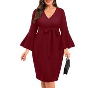 Pinup Fashion Women's Plus Size Wrap V Neck Bell Sleeve Belted Work Wedding Guest Bodycon Pencil Dress, Burgundy, 26 Plus
