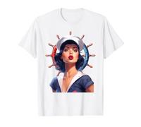 Pinup Girl Sailor with Ship Wheel Graphic Value Graphic T-Shirt, Men, White, L
