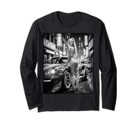 Pinup Girl T Shirt for Men - Sexy Blonde Girl & Car B&W Long Sleeve T-Shirt