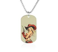 Pinup Hot Woman with Gun Memorial Necklace with Long Chain Decorative Jewelry Rectangle Pendant for Men Women