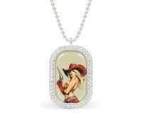 Pinup Hot Woman with Gun Rectangle Pendant Necklace Alloy White Shiny Diamond Square Gold Silver Jewelry for Women Men