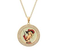 Pinup Hot Woman with Gun Women's Round Diamond Necklace Vintage Alloy Pendants Multicolored Sparkly Jewelry
