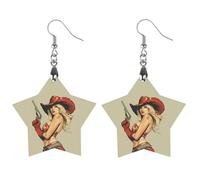 Pinup Hot Woman with Gun Wooden Earrings Artistic Wood Pendants Vintage Earring Hooks Jewelry for Women Star