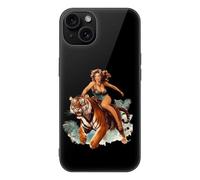 Pinup Riding on Tiger Cell Phone Case Compatible with iPhone 15/15 Plus/15 Pro/15 Pro Max Glass Back Protective Shell